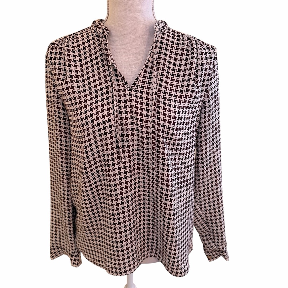 Tommy Hilfiger Brown/Cream Geometric Print Split Neck Blouse S